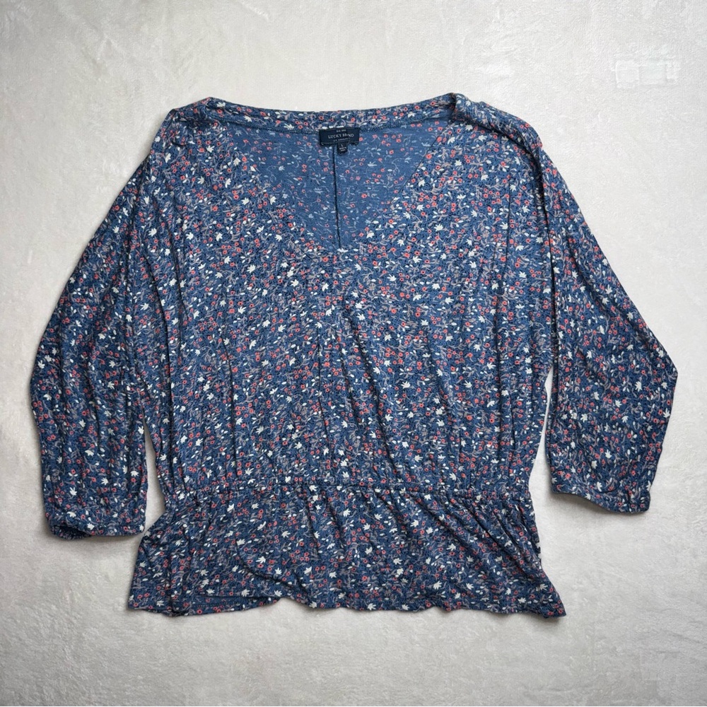 Lucky Brand Blouse Blue Floral Peplum Cropped Cold Shoulder Top Womens Size L